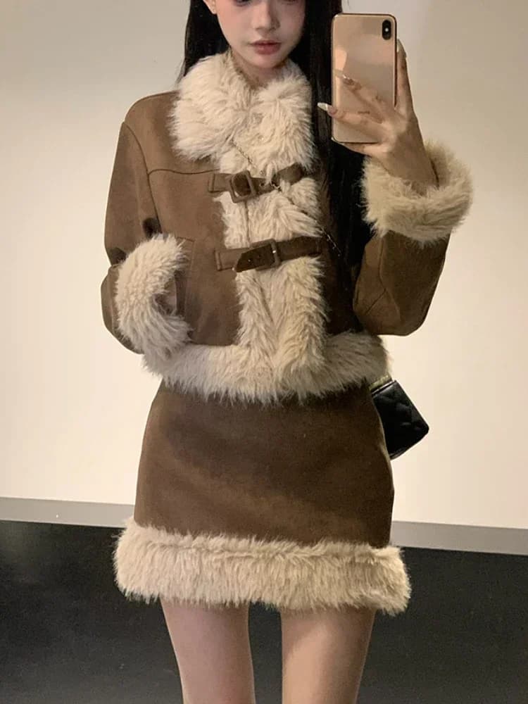Autumn Retro Faux Fur 2 Piece Skirt Set Women Casual Y2k Vintage Blazers Jacket Coats + Skirts Japanese Kawaii Suit Chic Outfits