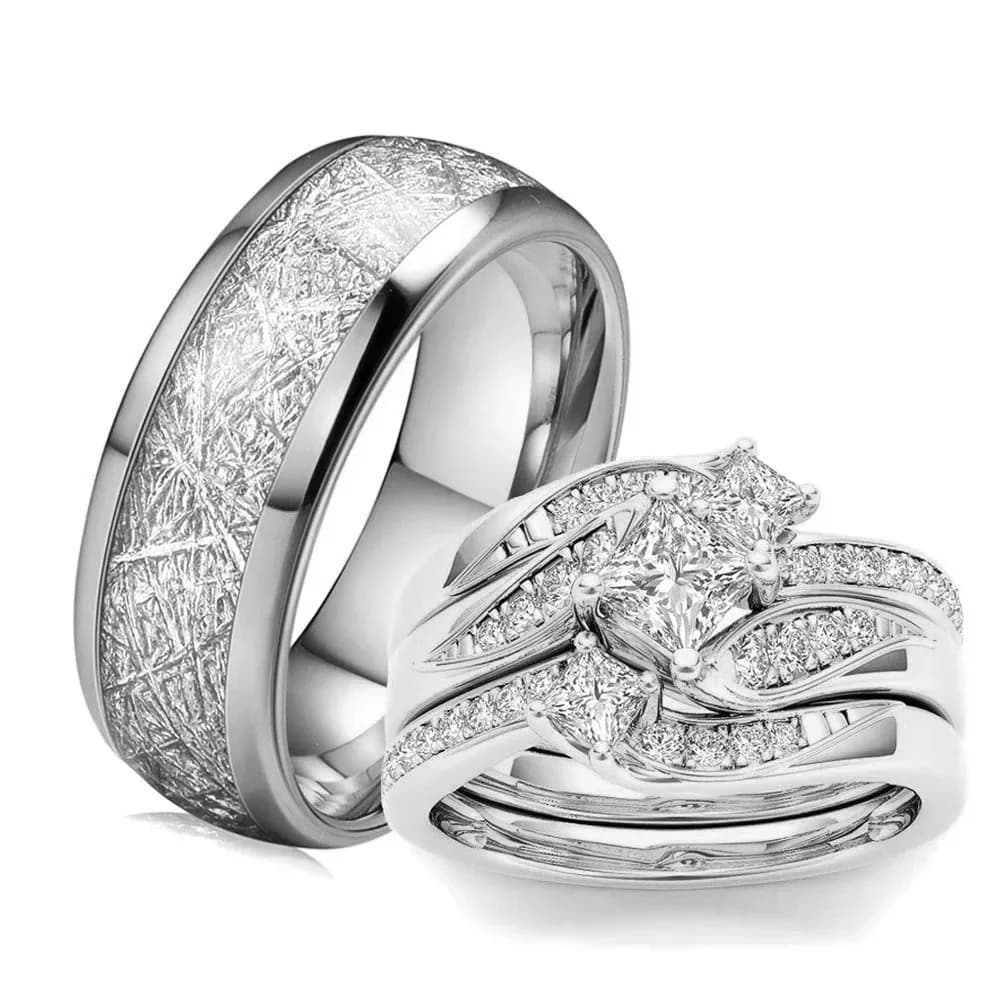 Anelli di coppia con ciondoli Anelli romantici da donna con strass CZ Set Anelli da uomo alla moda in acciaio inossidabile Gioielli per fedi nuziali per regali dell'amante