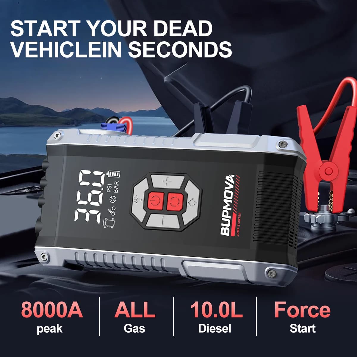 Emergency warning for 8000mAh, multifunctional car, with 150PSI and powerbank air compressor.