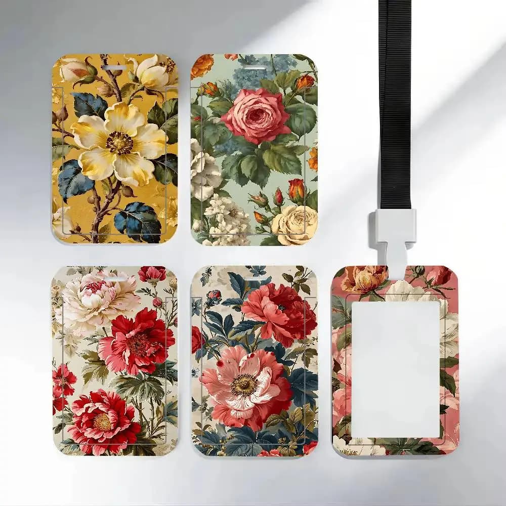 Vibrant Floral Clear ID Card Holder Lanyard Neck Strap Badge Case Door Credit Card Protector Daily Gift