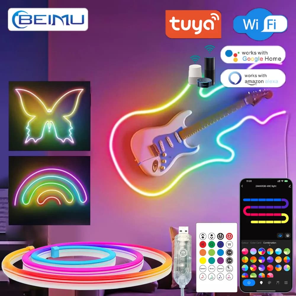 BEIMU All'aperto colore pieno TUYA WiFi RGB LED strisce luminose al neon USB, 5V IP67 impermeabile, striscia flessibile Lampada 1m, 2m, 3m, 5m controllo vocale di Alexa e Google tempo musicale ritmo sincronizzato
