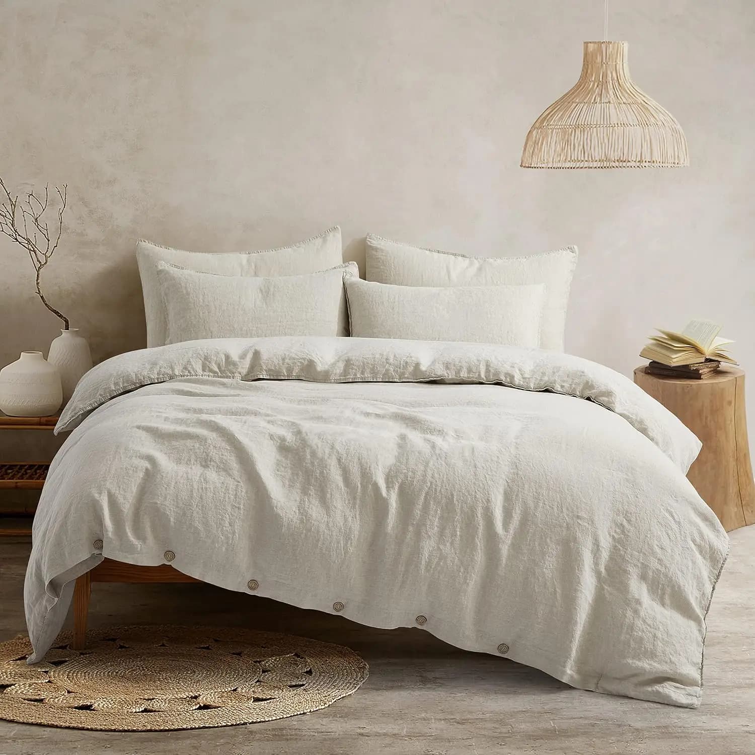 100% Flax Linen Duvet Cover Set - Stone Washed, Queen Size, 1 Duvet Cover + 2 Pillow Shams, Natural