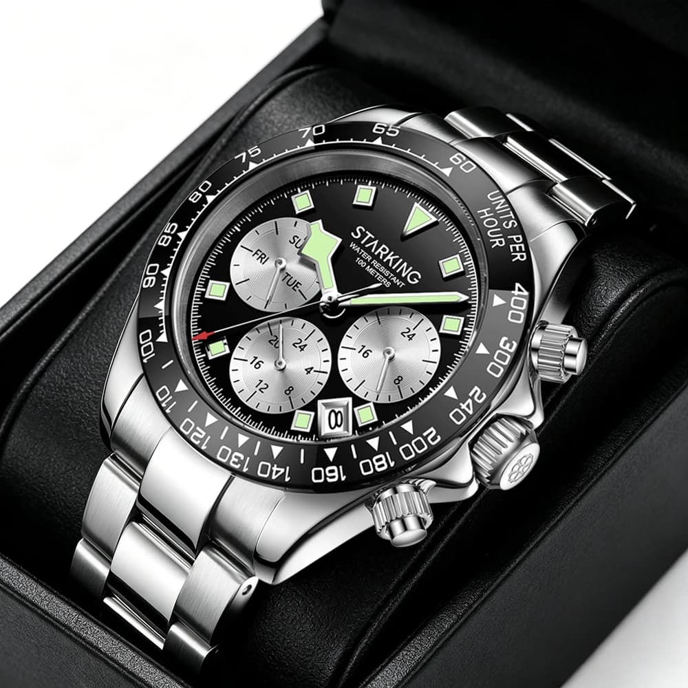 STARKING Luxury Men's Diving Quartz Watch Chronograph 100m Waterproof Wristwatch Ceramic Bezel Date Luminous Sport Quartz Watch