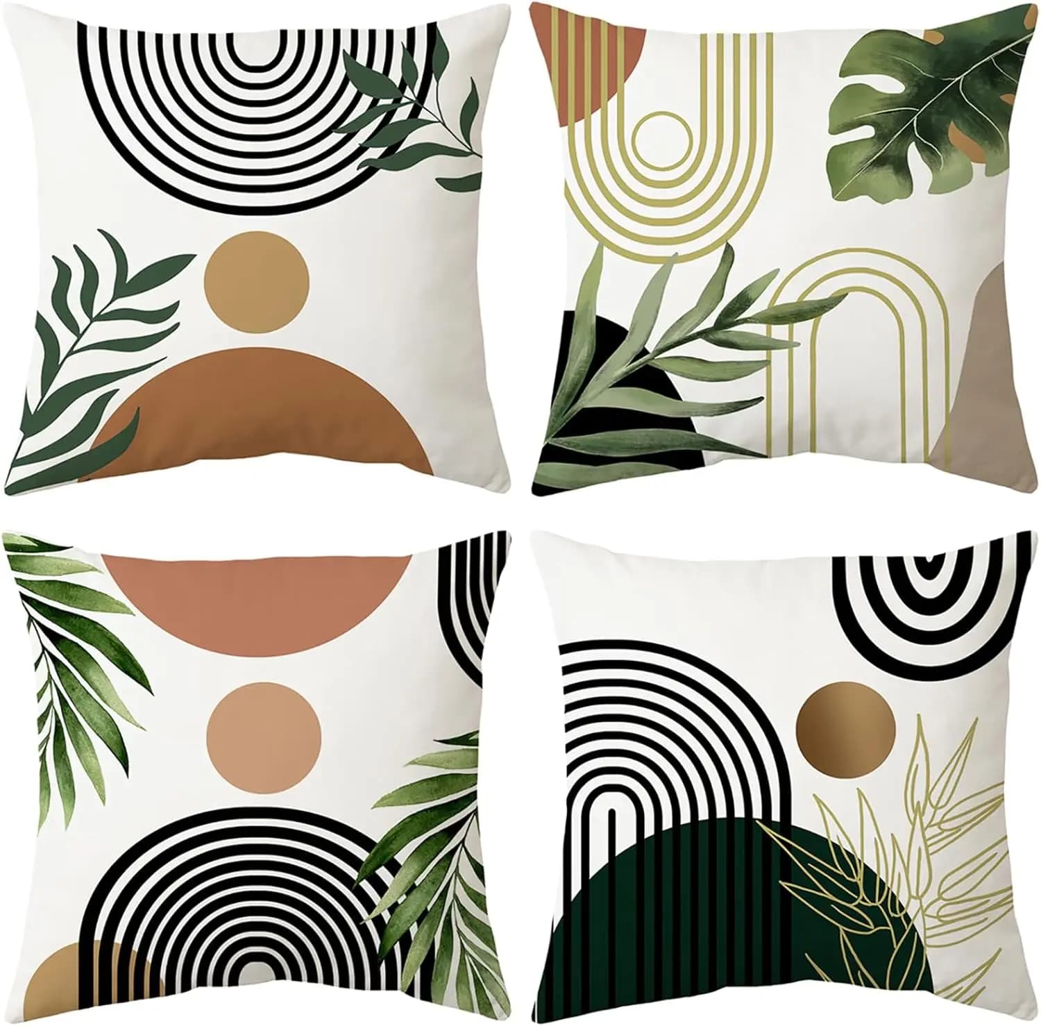 4 fodere per cuscini con foglie geometriche, moderne federe con stampa ad arco e cerchio per divano, camera da letto, soggiorno, decorazioni 45x45 cm
