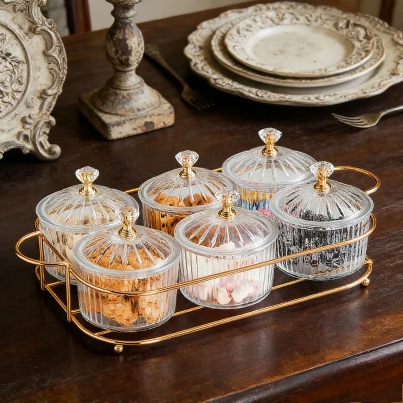 Piatto per Snack in Stile Europeo in Ferro e Plastica con Coperchio, Vassoio Rotondo Trasparente Diviso per Frutta Secca e Dessert