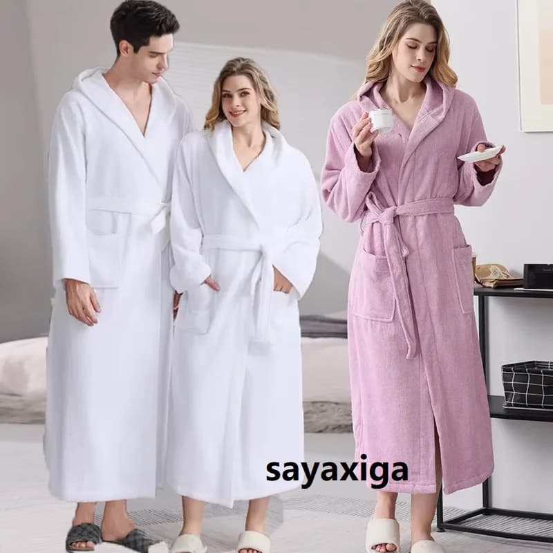 Accappatoio con cappuccio uomo 100% cotone con cappuccio donna pigiameria camicia da notte asciugamano in pile spesso lungo morbido autunno inverno bianco casa Hotel robe