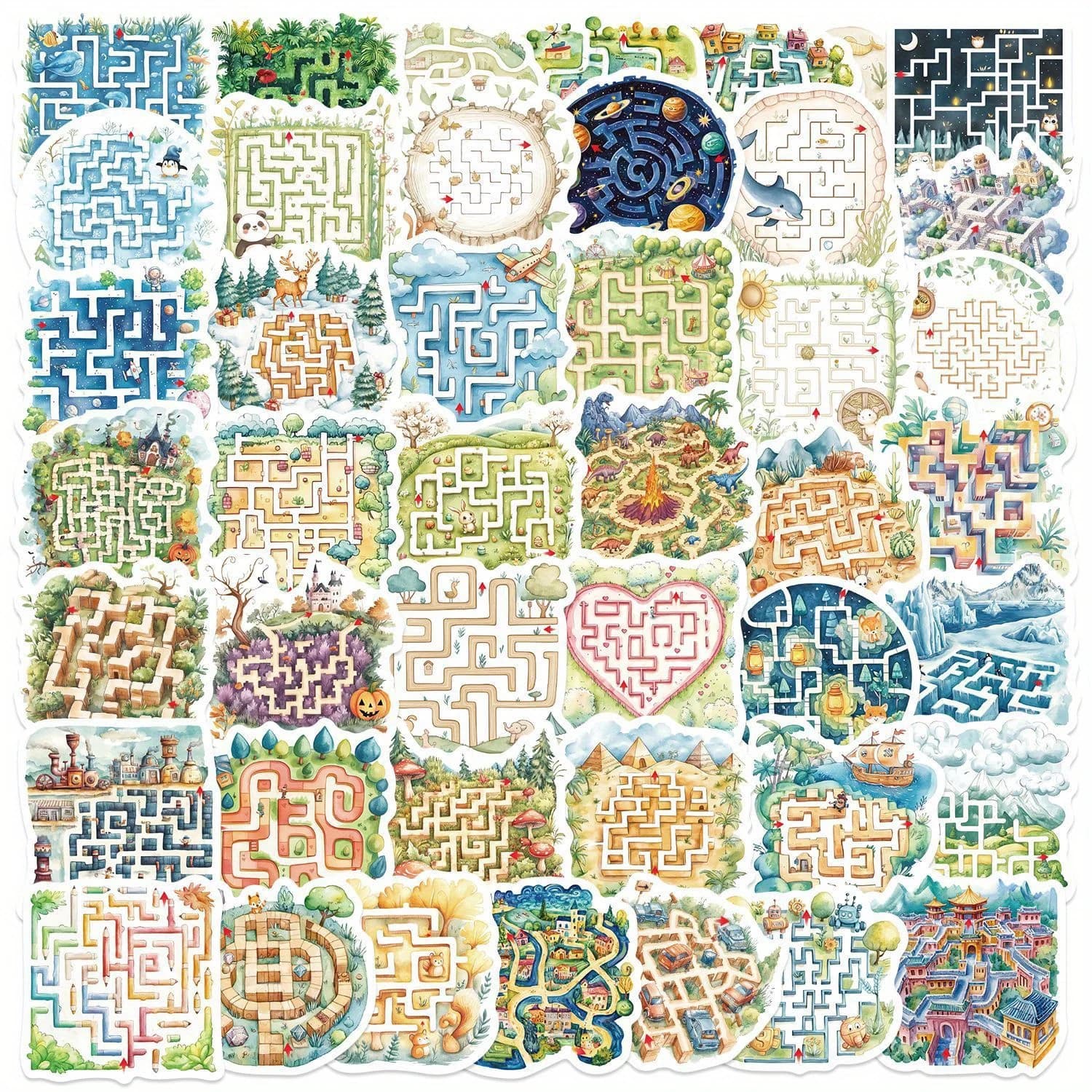 50 Pezzi Adesivi Creativi a Tema Labirinto, Decorativi per Valigie, Bottiglie d'Acqua, Quaderni, Skateboard, Autoadesivi