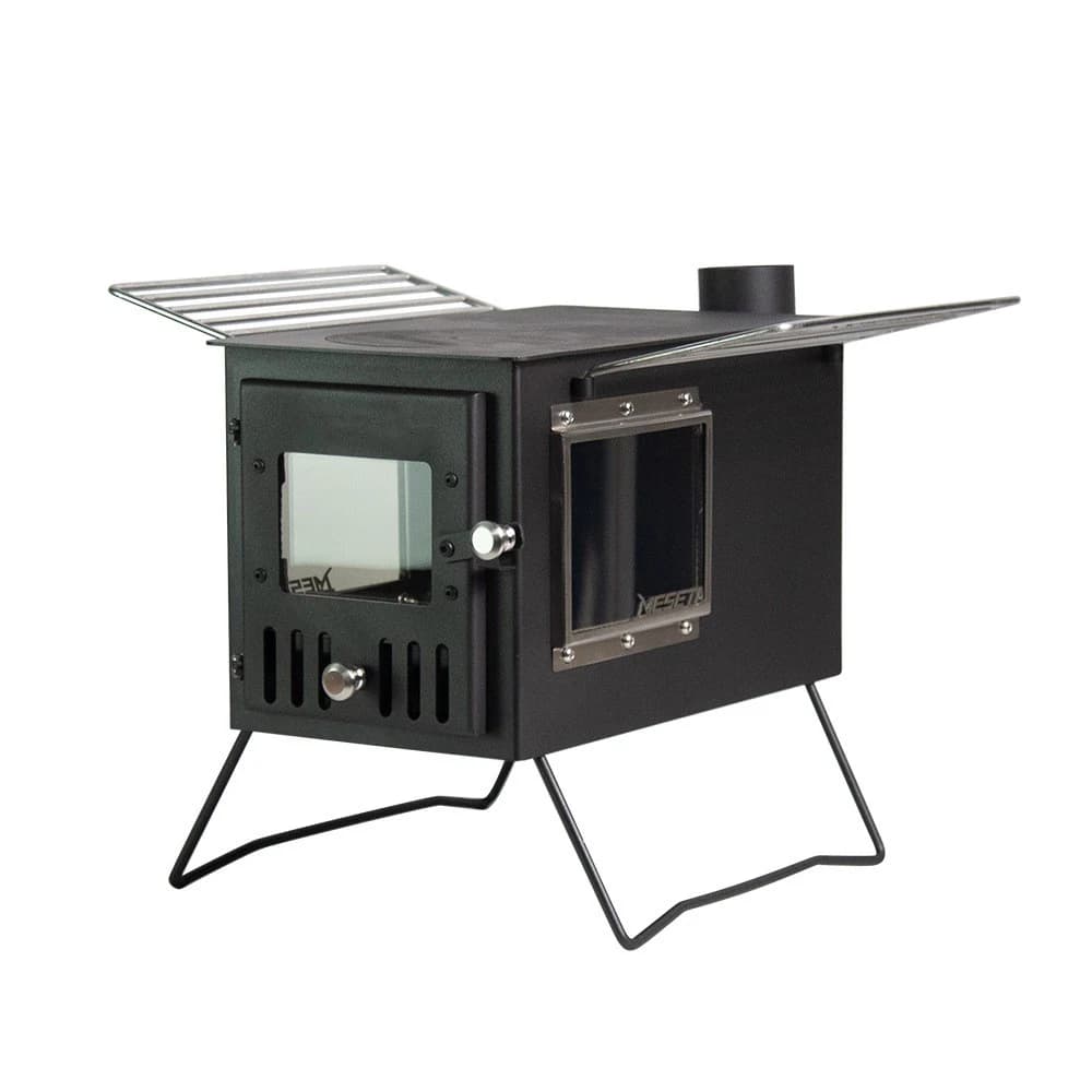 Stufa a Legna in Metallo per Campeggio con Porta in Vetro e Pannelli Laterali Pieghevoli, Riscaldatore Portatile per Tenda ST-08 per Cucinare