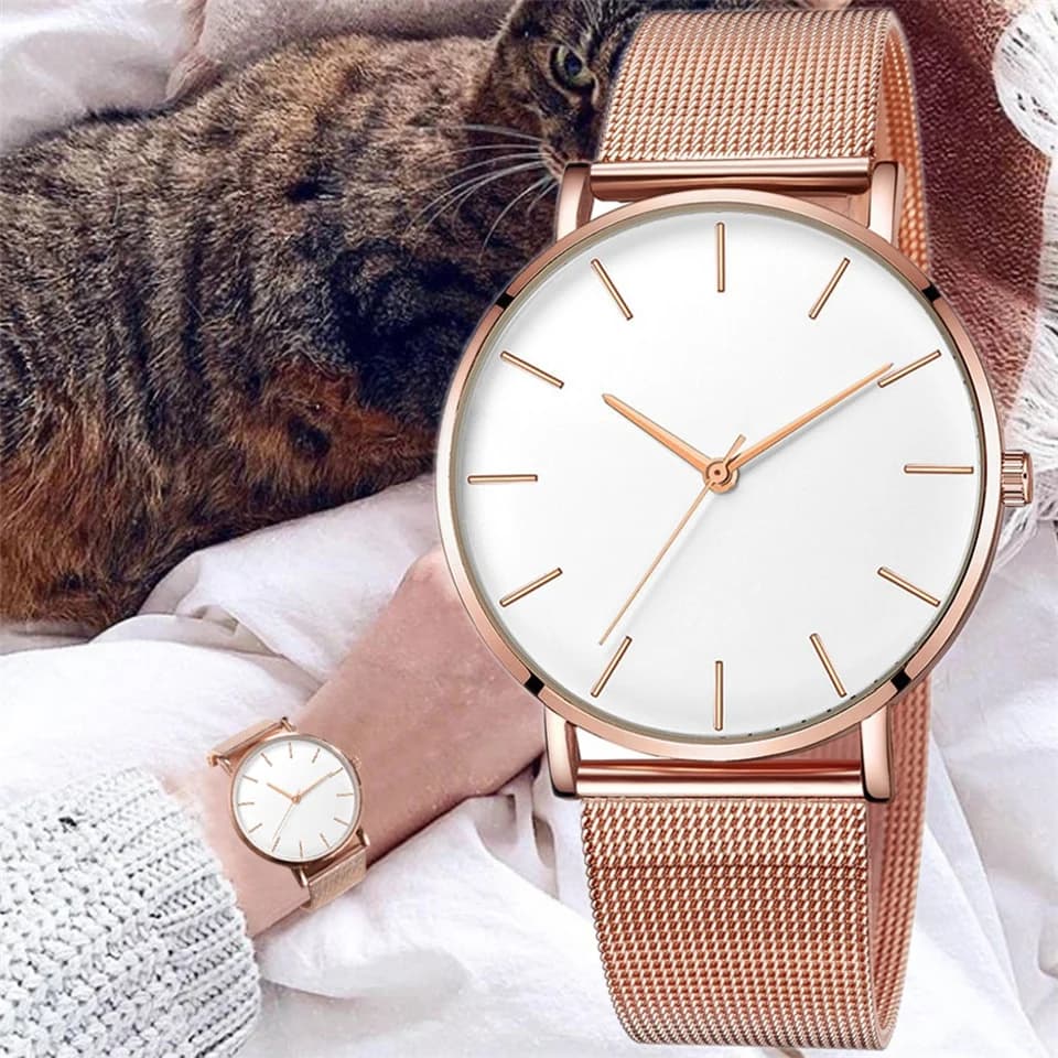 Women's Luxury Simple Watches Women's Quartz Wrist Watch Knitted Stainless Steel Rose Watch Women's Casual Fashion Gift Reloj