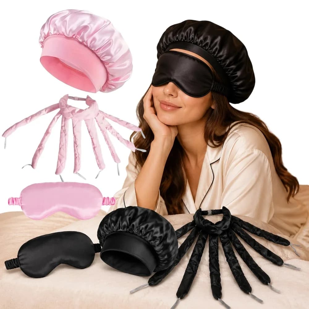 Set da Notte 3 in 1 in Raso: Maschera per Occhi in Seta, Cuffia e Kit Arricciacapelli Senza Calore per Ricci Notturni - Regalo per Donne, Strumento per lo Styling dei Capelli