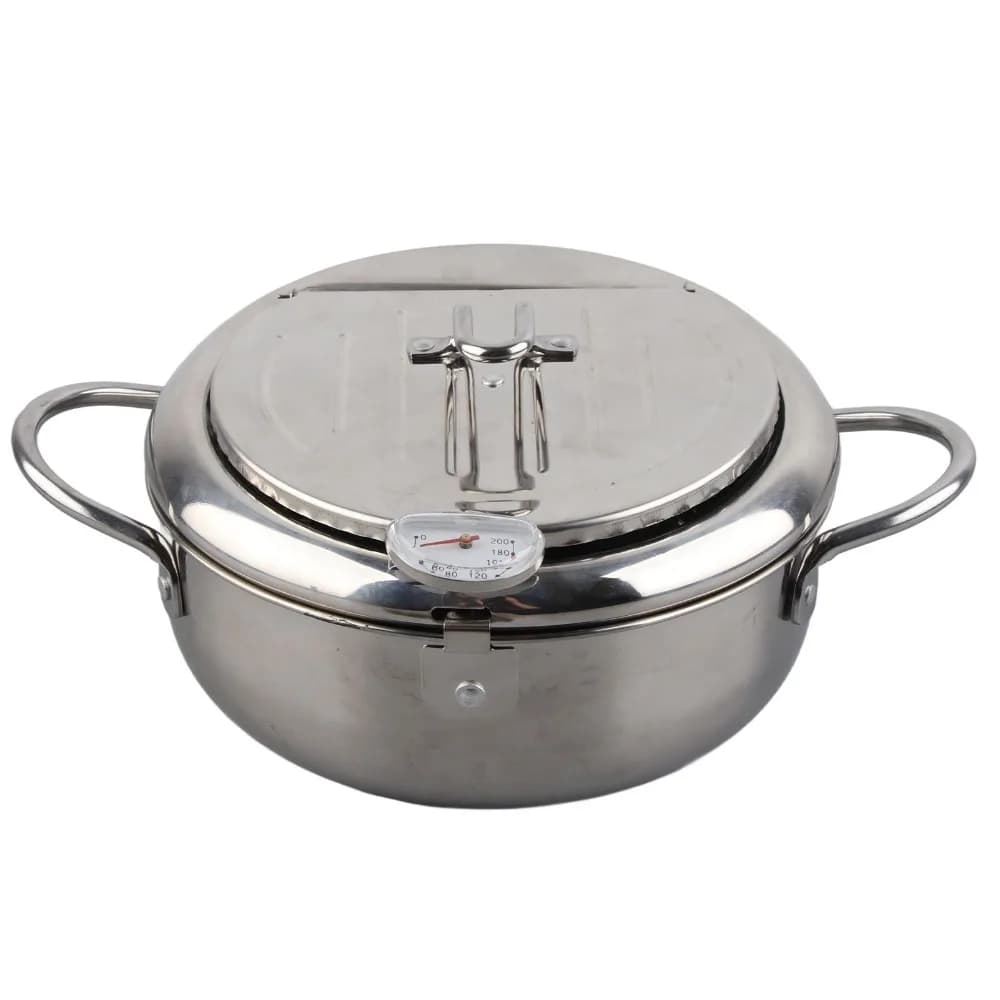 Pentola per Frittura Profonda in Acciaio Inox con Coperchio e Termometro, Pentola per Tempura 2,2L, Padella Giapponese Resistente per Piano a Induzione/Fornello a Gas