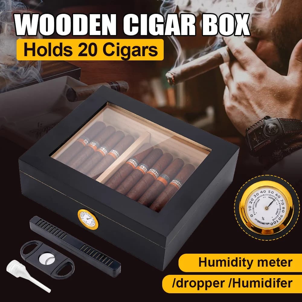 20-30 Umidificatore per sigari Umidificatore in legno di cedro Scatola per sigari Umidificatore da tavolo con parte superiore in vetro con set di accessori per umidificatore igrometro anteriore