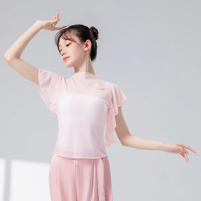 Camicia classica da donna a maniche corte con top in rete, collo mezzo alto, camicetta trasparente estiva, costumi fluidi per spettacoli di rima