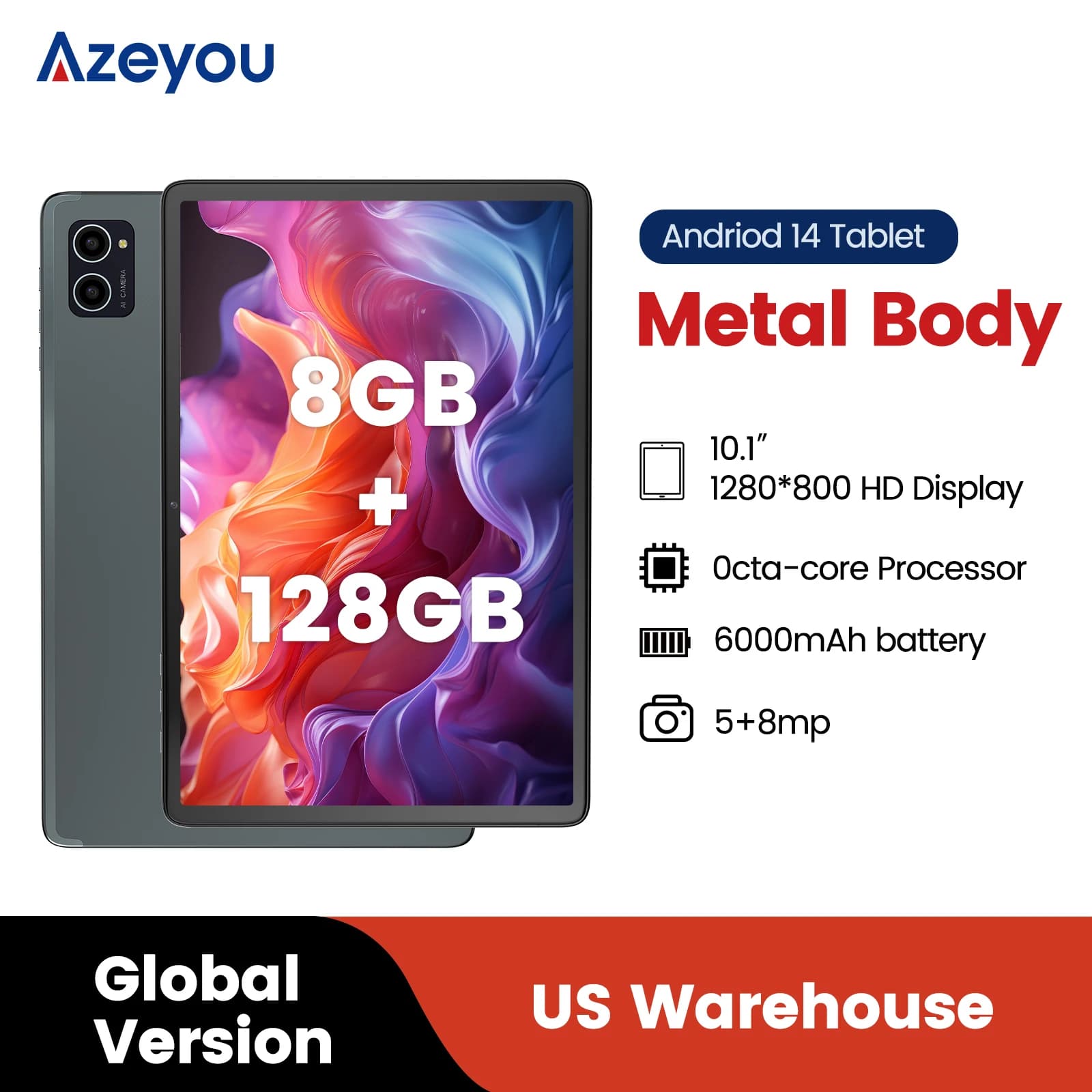Azeyou Tablet Android 14 da 10 pollici, Octa-Core 8 GB+128 GB, Wi-Fi/Bluetooth 5G+2.4G, Display IPS HD 1280x800, Guscio in metallo da 6000 mAh