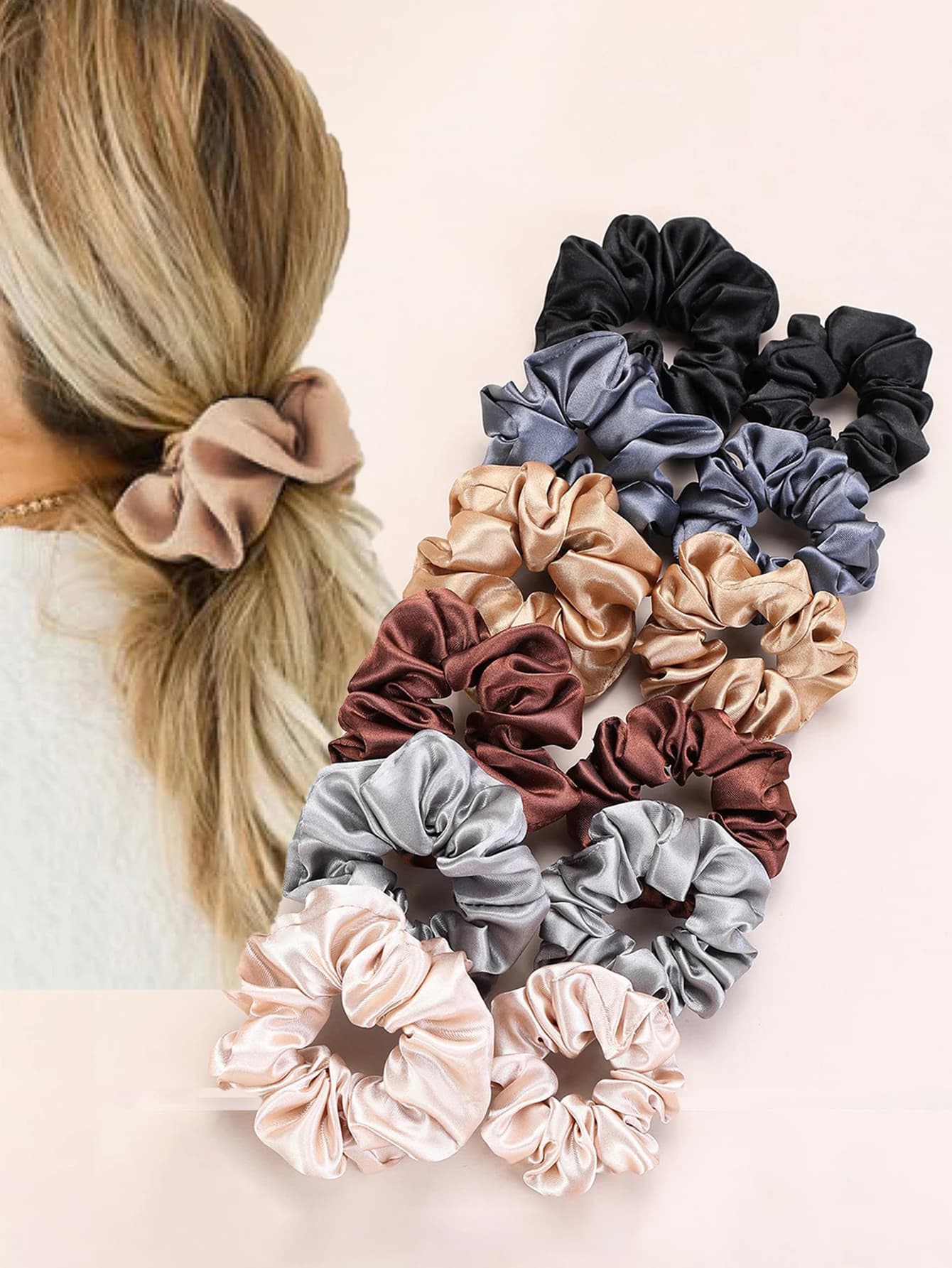 12 pieces of multiple dresses of mixed colors for women, bowel hair rings fashionable and bright satin, high elasticity, comfortable