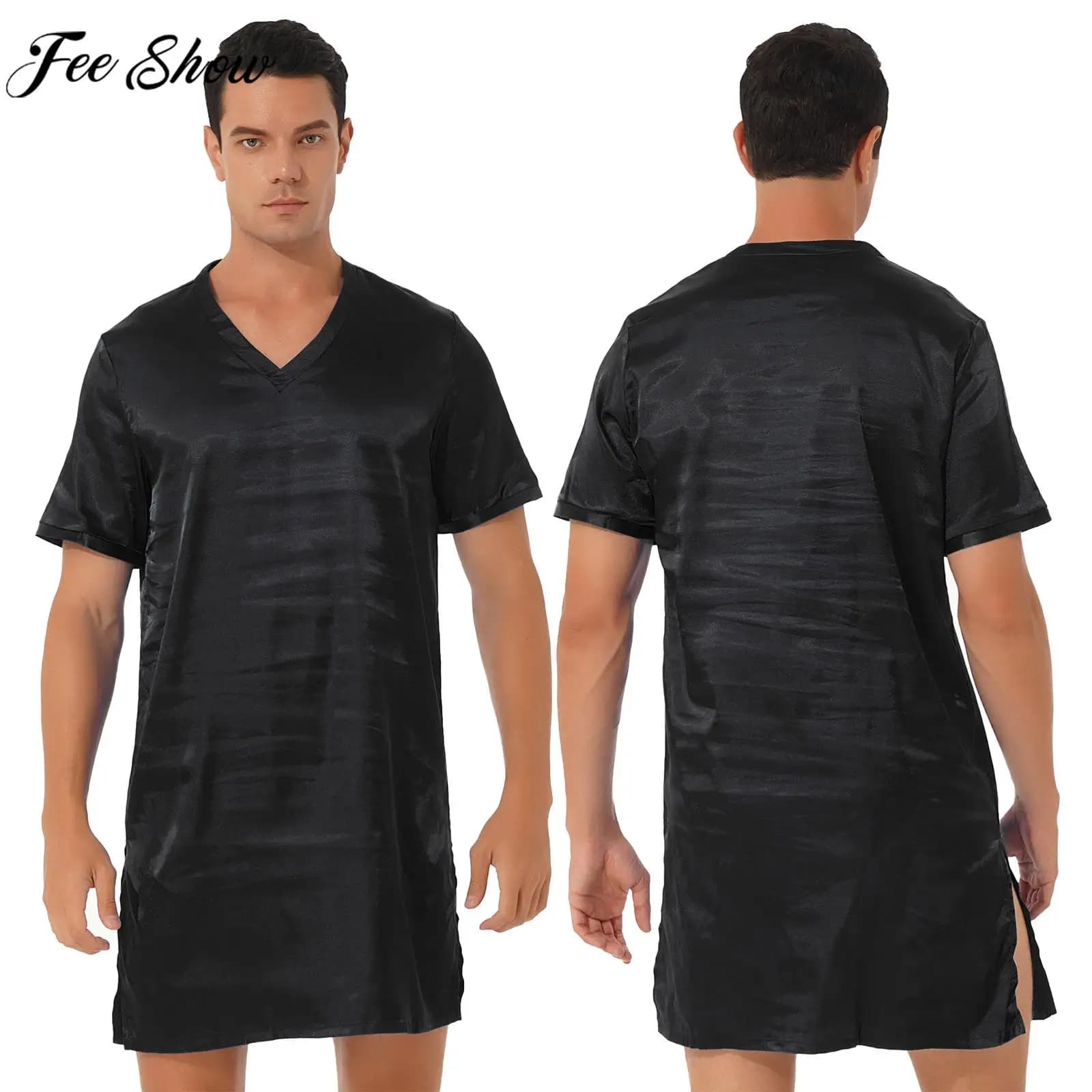 Uomo camicia da notte morbida come la seta donna camicia da notte in raso pigiama manica corta accappatoio pigiameria Loungewear lati Split pigiameria Homewear