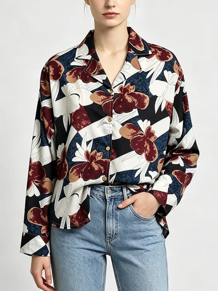 New Fashion Chiffon Floral Long Sleeve Women's Shirts Office Lady Casual Loose Printing Tops Single Breasted Women Blouses