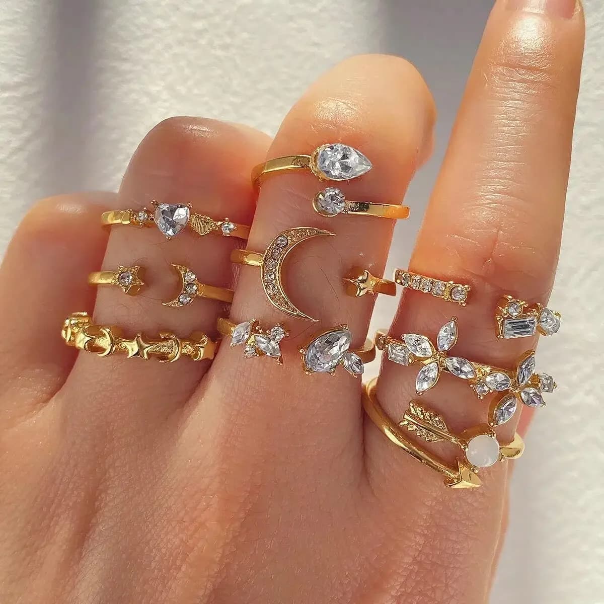 Collezione di anelli regolabili a forma di goccia con stella e luna in cristallo color oro da 9 pezzi per donna