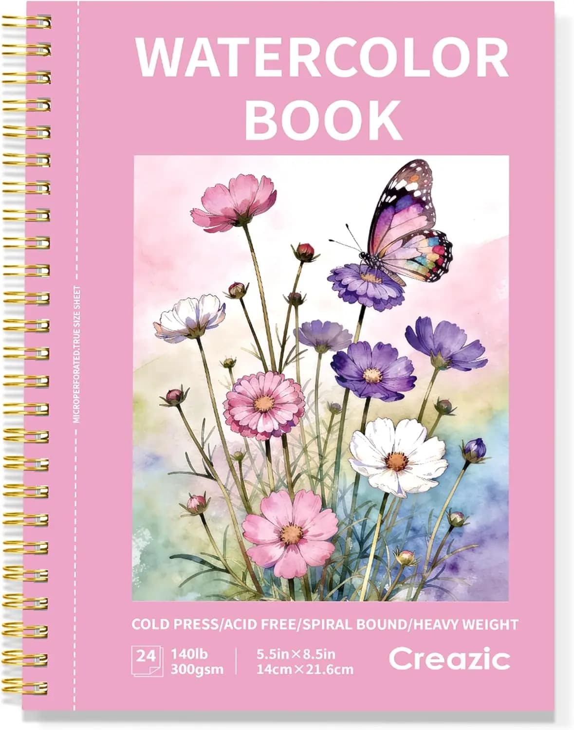 Watercolor Paper Pad, 5.5x8.5in 140lb/300gsm Cold Press, 24 Sheets Spiral Bound, Perforated, Acid-Free for Travel & Practice
