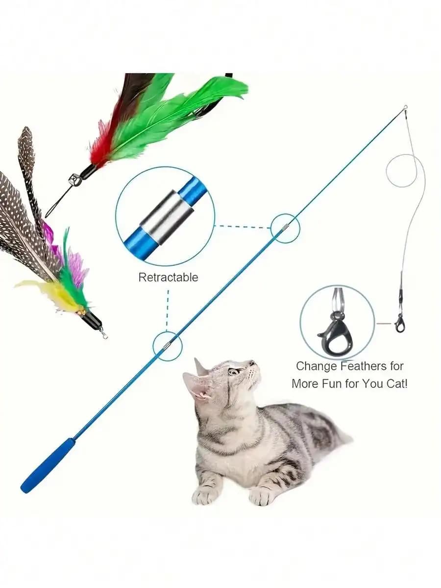 Retractable Feather Teaser Wand For Cats, Replaceable Colorful Feather Toys, Interactive Indoor Cat Toy