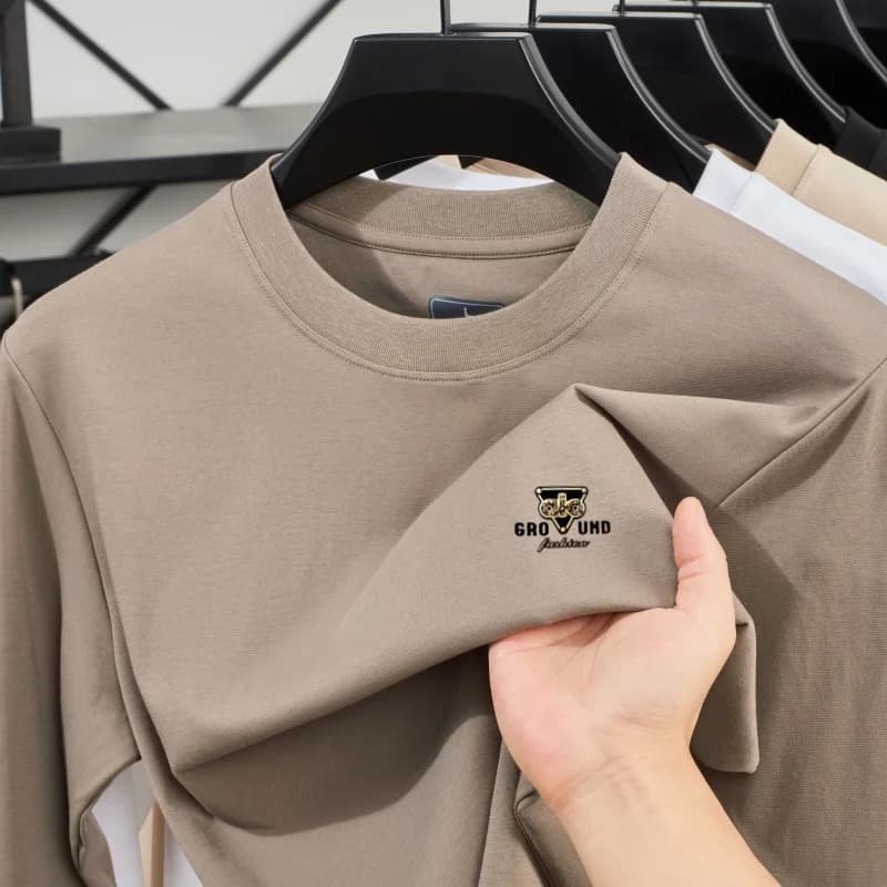 Maglietta da uomo in cotone premium a girocollo, a maniche lunghe, di alta gamma, per golf, business casual, lussuosa, comoda, traspirante, morbida, alla moda, ricamata.