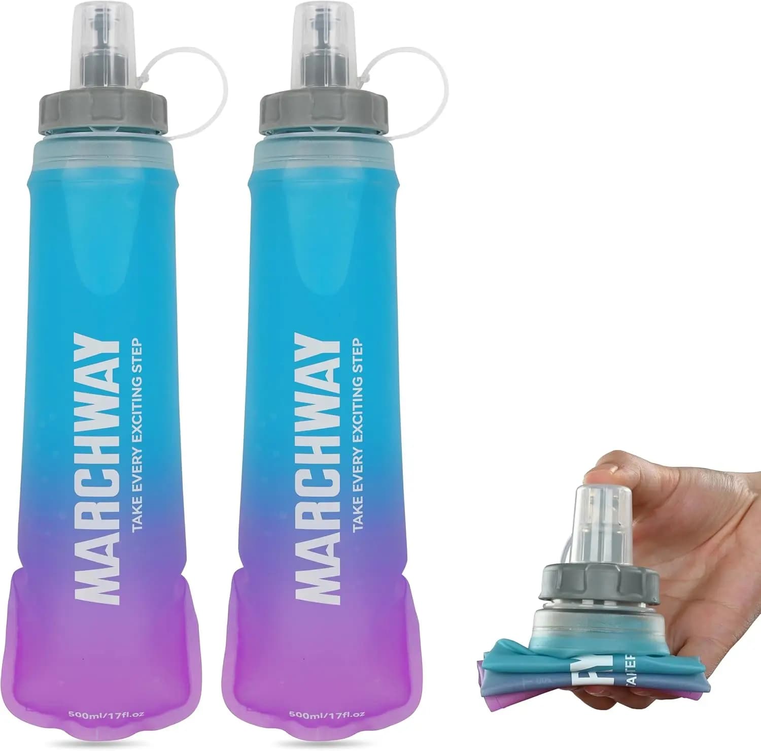 Borraccia Pieghevole in TPU, 300ml/500ml, Antigoccia Flessibile per Corsa, Escursionismo, Ciclismo, Viaggi (2 Pezzi Blu-Viola)