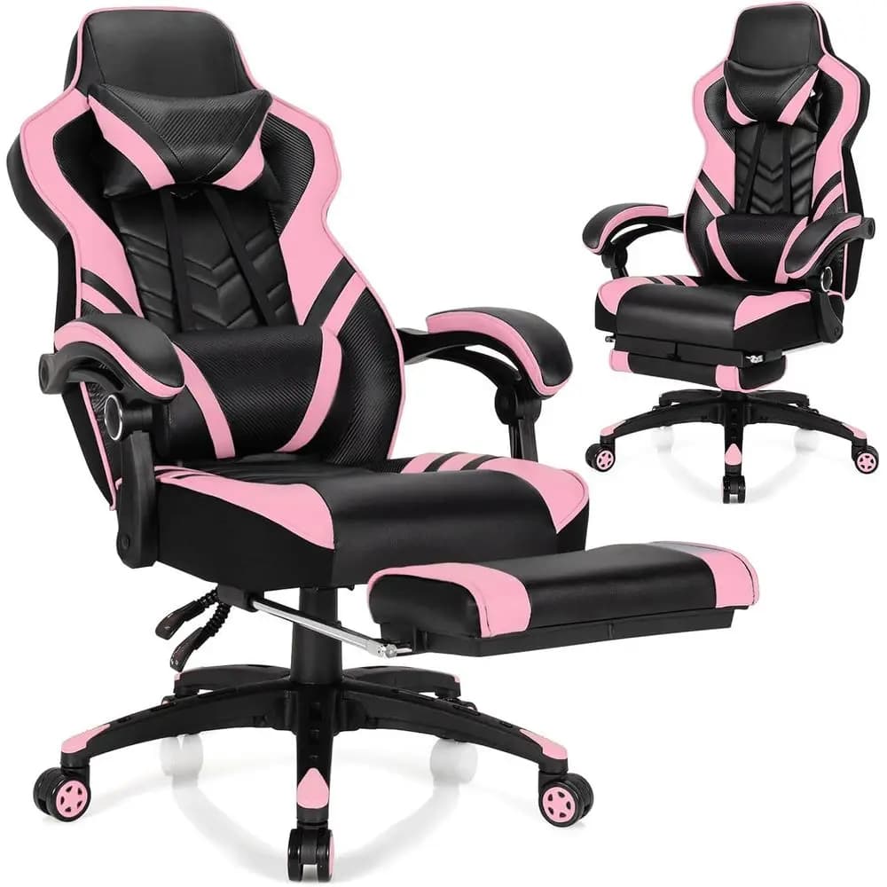 Sedia Girevole Ergonomica Rosa con Altezza Regolabile, Poggiapiedi e Supporto Lombare per Gaming e Ufficio