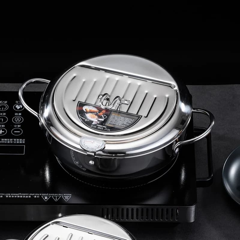 Household 304 stainless steel double bottom frying pan oil filter rack thermometer small soup pot oil draining kitchen gadget