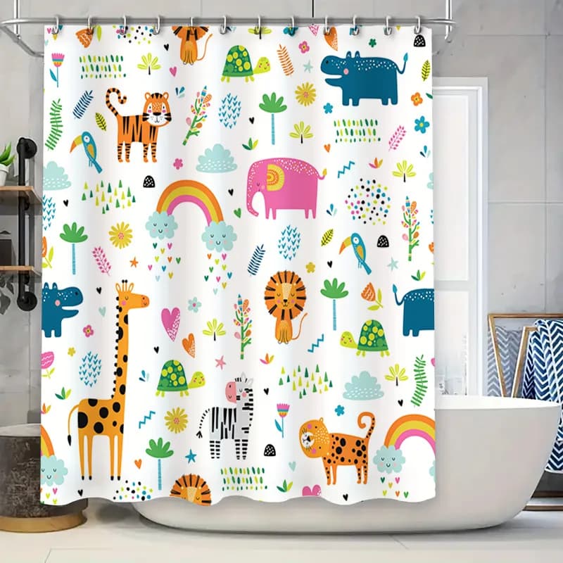 Tenda da doccia con stampa animalier Design animale simpatico cartone animato per bambini Arredamento bagno Stampa 3D Tappetini da bagno impermeabili Set con ganci (