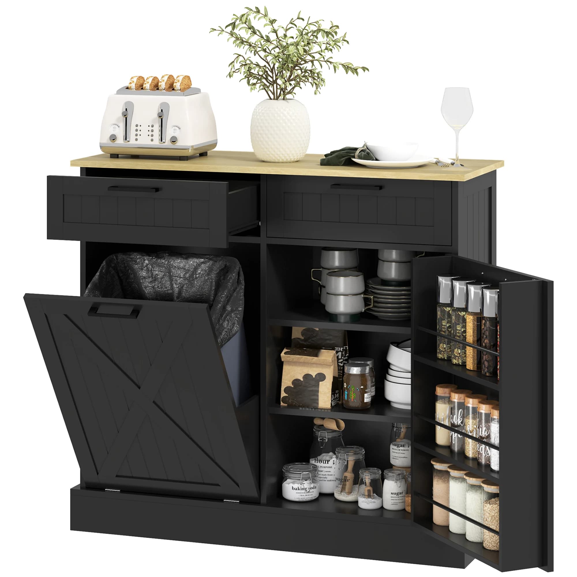 HOMCOM Tilt Out Trash Can Cabinet, 10 Gallon Farmhouse Kitchen Cabinet with Hidden Trash Can and 2 Drawers for Laundry Room, Pantry, Kitchen, Black