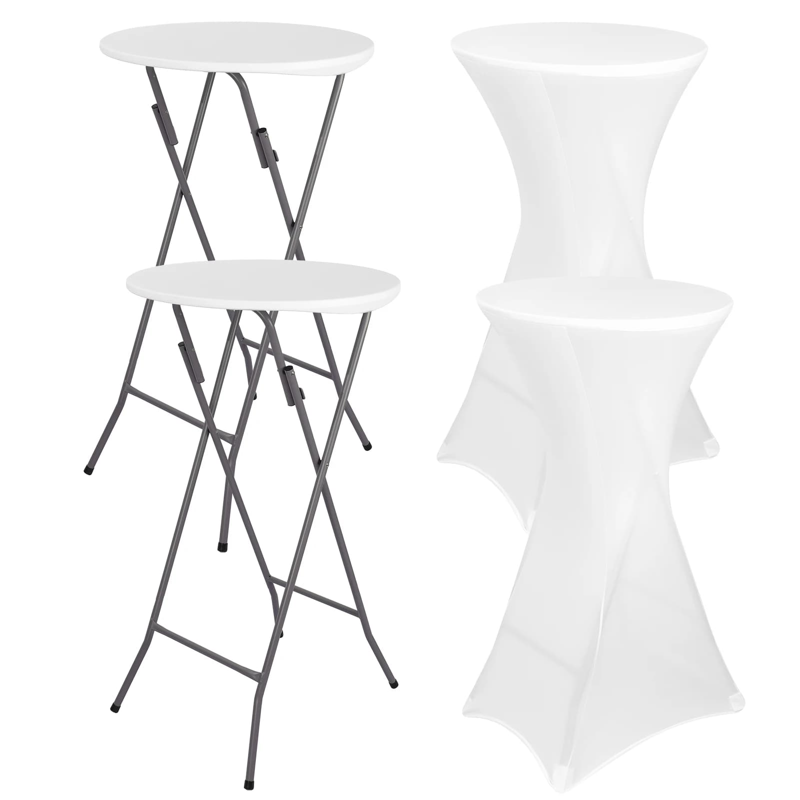 2 Set 24 Inch Outdoor High Top Cocktail Table, Foldable Portable Party Table with Stretch Protective Tablecloth, Anti-Slip Stable Legs, Tall Bistro Table for Parties, Patio, Backyard, Dining, Wedding