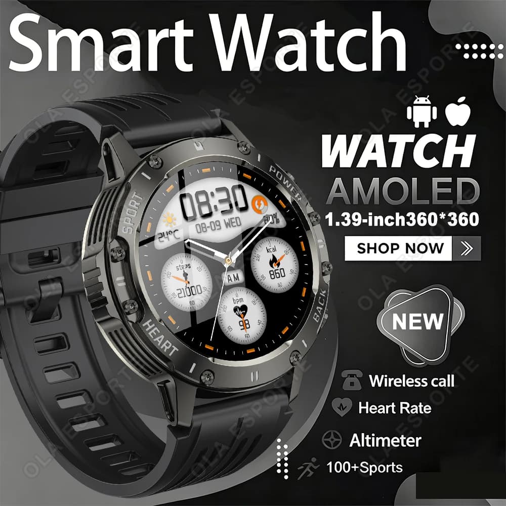 New Smart Watch Man LED Flashlight 1.39 HD Men's Outdoor Sports Fitness Tracker 300mah Large Battery BT Calling Smart Watch HW12