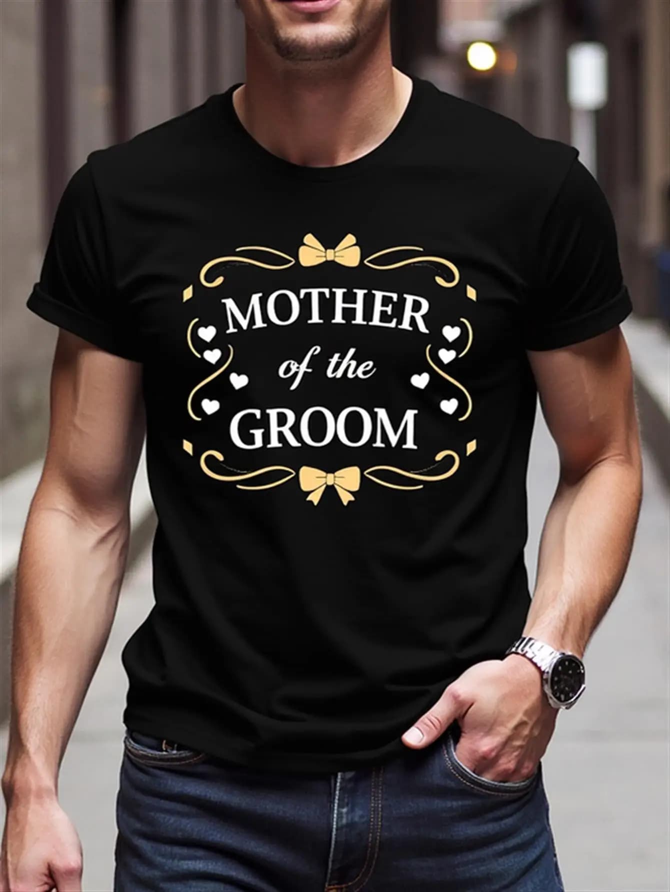 T-shirt da uomo elegante per la madre dello sposo, nera con scritte dorate e design elegante con fiocco e cuore, girocollo a maniche corte in puro cotone, abito da festa di nozze, stile casual confortevole per la madre della sposa, lavabile in lavatrice, abbigliamento per occasioni formali, cuore geometrico