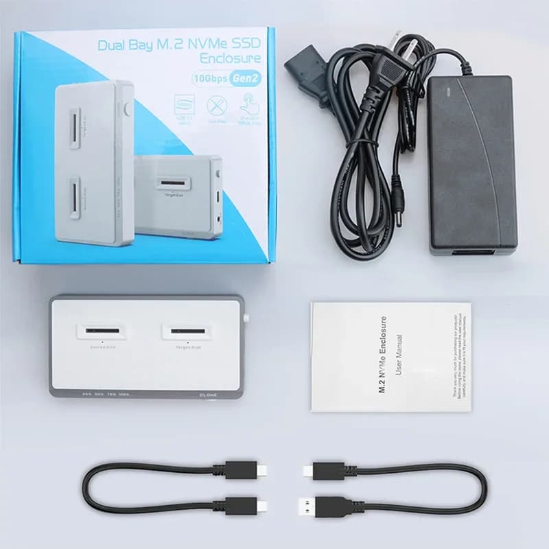 Hard Drive Cloning Enclosure One-Click Offline Cloning, Dual-Slot M.2 NVMe SSD External Enclosure, 10 Gbps, Supports 2×8 TB
