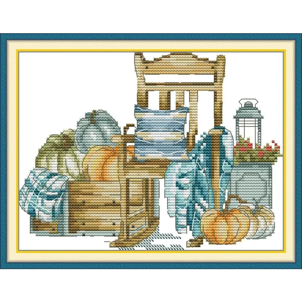 Soulgift News Pre-Printed Cross Stitch Kit, Stamped Aida Fabric with DMC Threads, Embroidery Kit - Pumpkins and Chairs