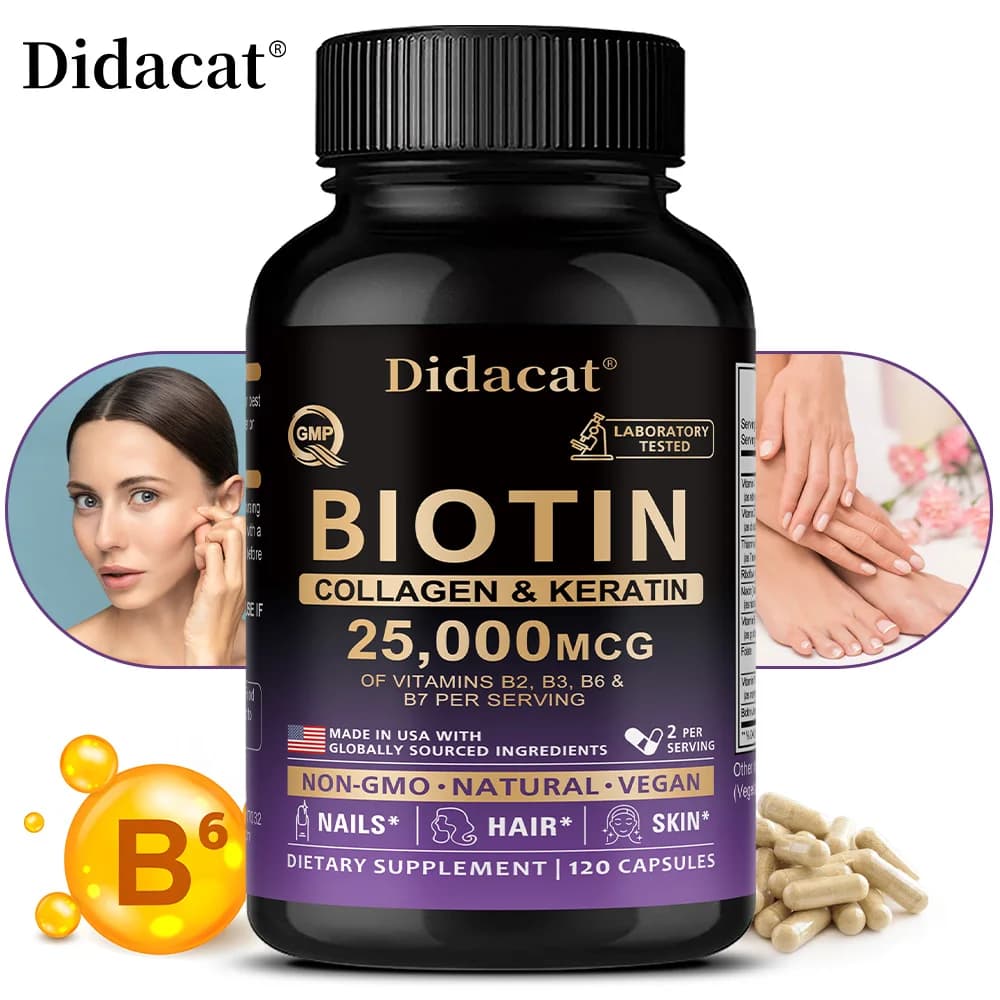 Vitamine di biotina con collagene e cheratina - Capsule da 25.000 mcg, Complesso B1,B2,B3,B6,B7, Unghie e pelle sani, Crescita dei capelli