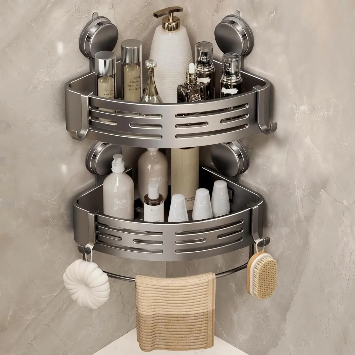 Portaoggetti angolare per doccia con ventose, portaoggetti per organizer da bagno senza foratura e ganci per portasciugamani, confezione da 2 grigio opaco