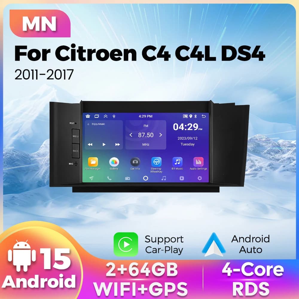Autoradio Android 15 da 7 pollici 64GB con sistema Smart, lettore multimediale FM, Carplay Wireless e Auto per Citroen C4 C4L DS4 2011-2017 GPS RDS BT