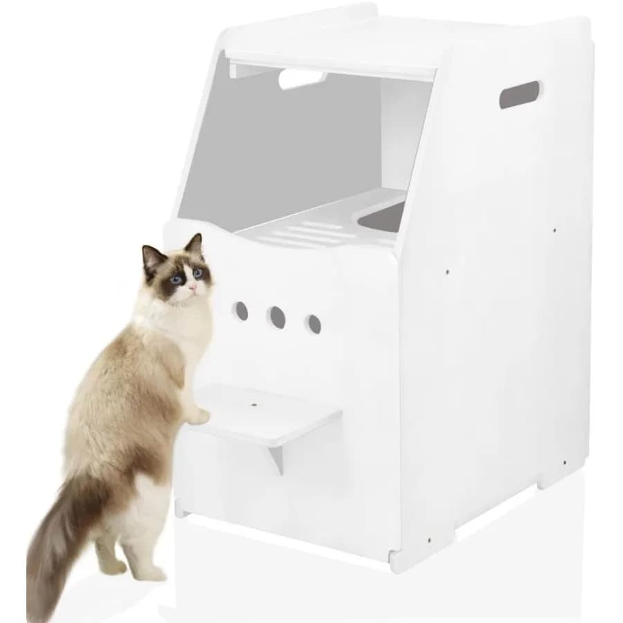 Lettiera per gatti con ingresso superiore con design chiuso alto e scale integrate per bagno in legno per gatti con sistema di filtraggio degli odori I
