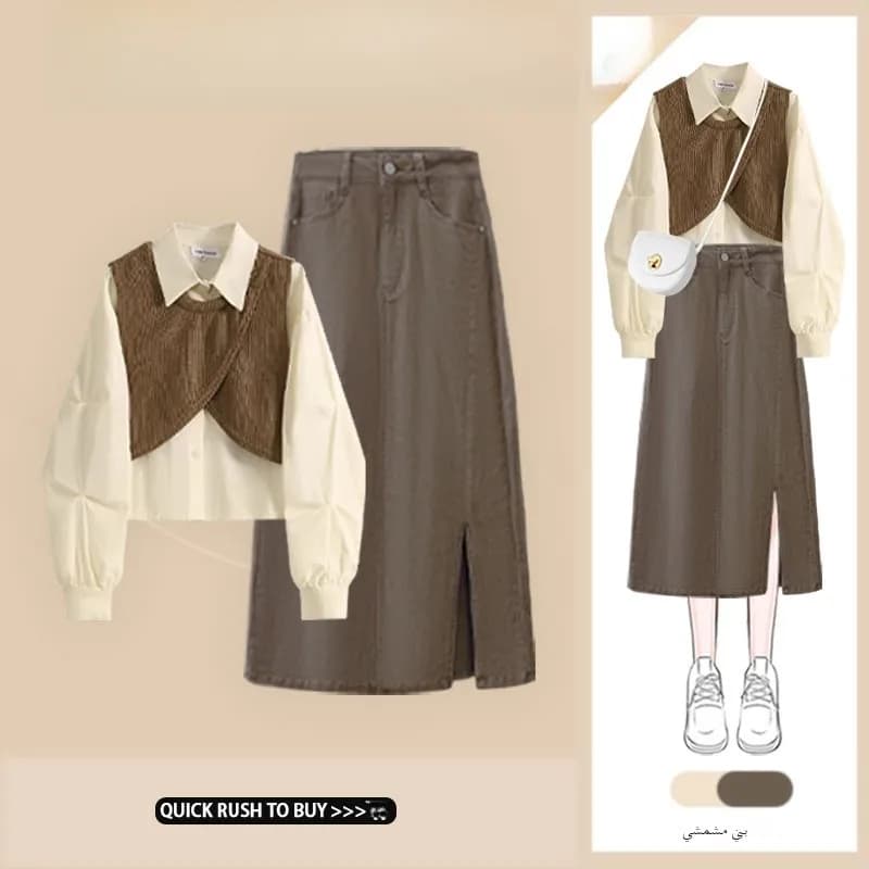 Early Autumn Fashion Light Maturity Design Long Sleeve Shirt High Waist Denim Skirt Two Piece Set Women's Premium Outfits