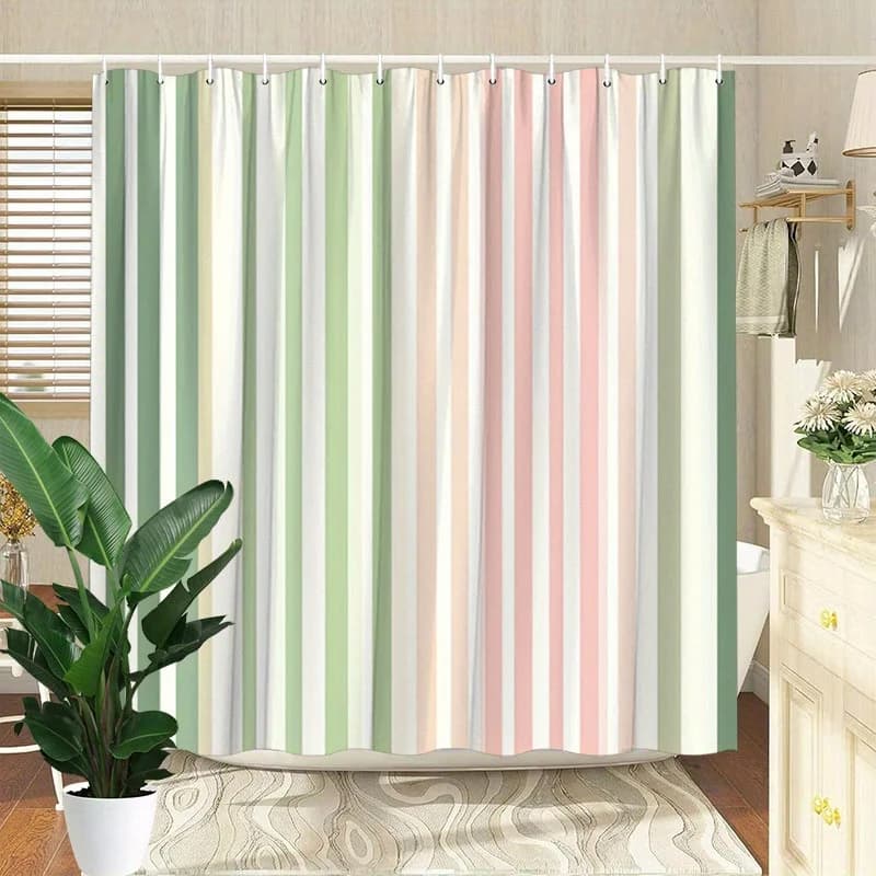 Tenda da doccia a righe verticali in poliestere - Verde, rosa e bianco, elegante minimalista, 12 ganci, lavabile in lavatrice, linea asciutta