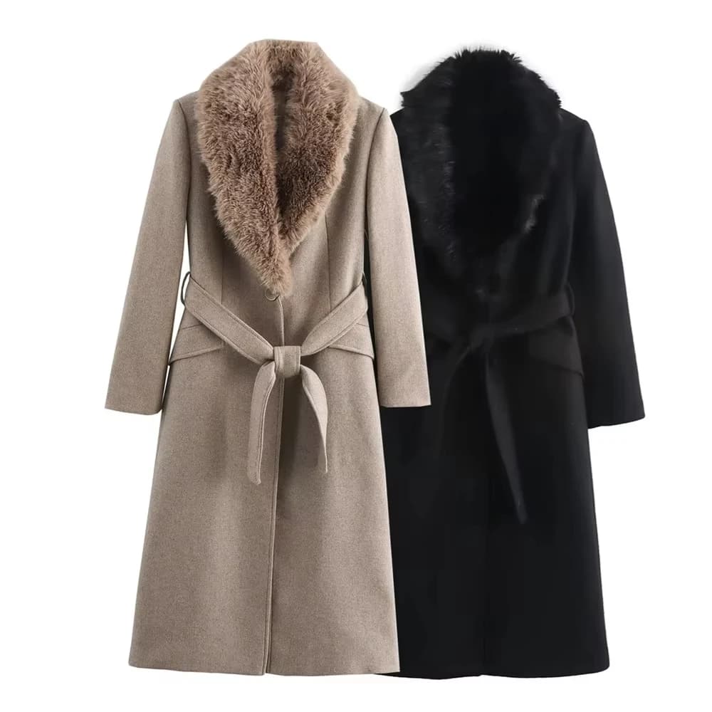Women's Belt Warm Fur Collar Coat Flip Collar Pocket Button Decoration Autumn/Winter New Women's Wear