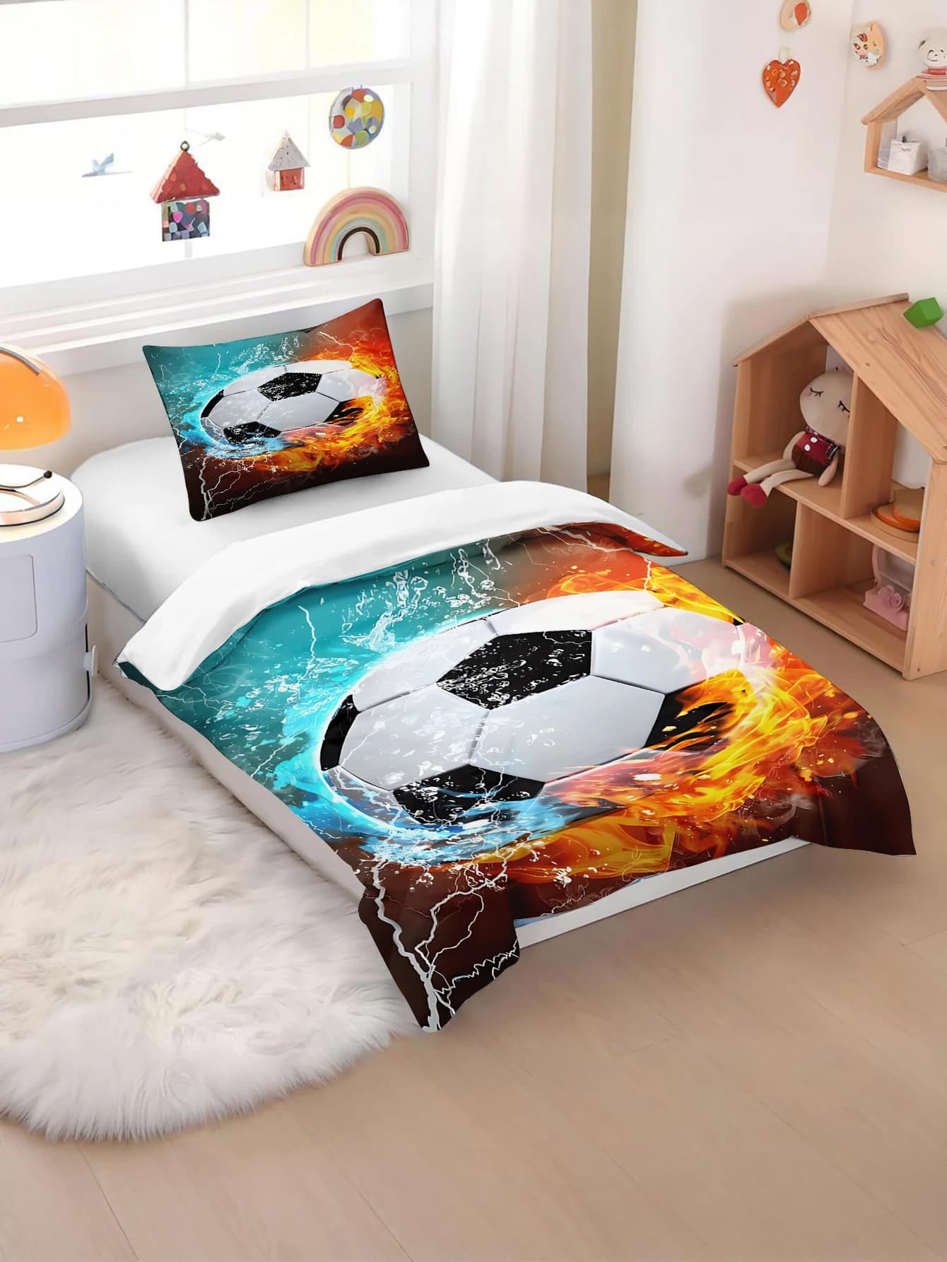 Set copripiumino per calcio e basket, set biancheria da letto, set piumino 3D per bambini, 2 pezzi, per neonati/bambini (senza materiale di riempimento)