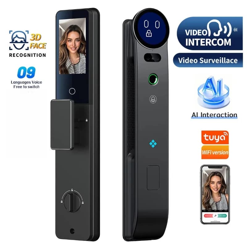 AI Smart Lock for Front Door Face Recognition Fingerprint Video Talking Digital Lock with Camera