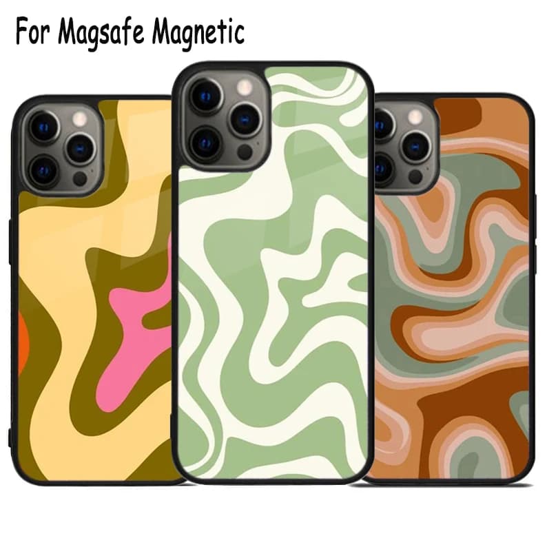 Cover Magnetica Magsafe per iPhone 17 Air 15 16e 14 13 11 12 Pro Max Plus con Effetto Liquido Astratto Beige Verde Salvia