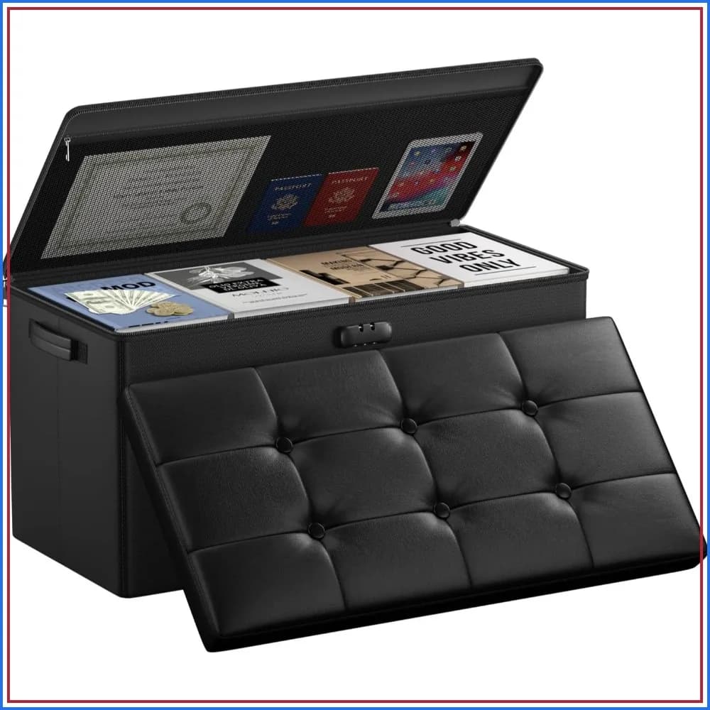 30 Inch Fireproof Storage Ottoman Bench with Lock, Folding Foot Rest Stool, Waterproof Leather, Handles, Black