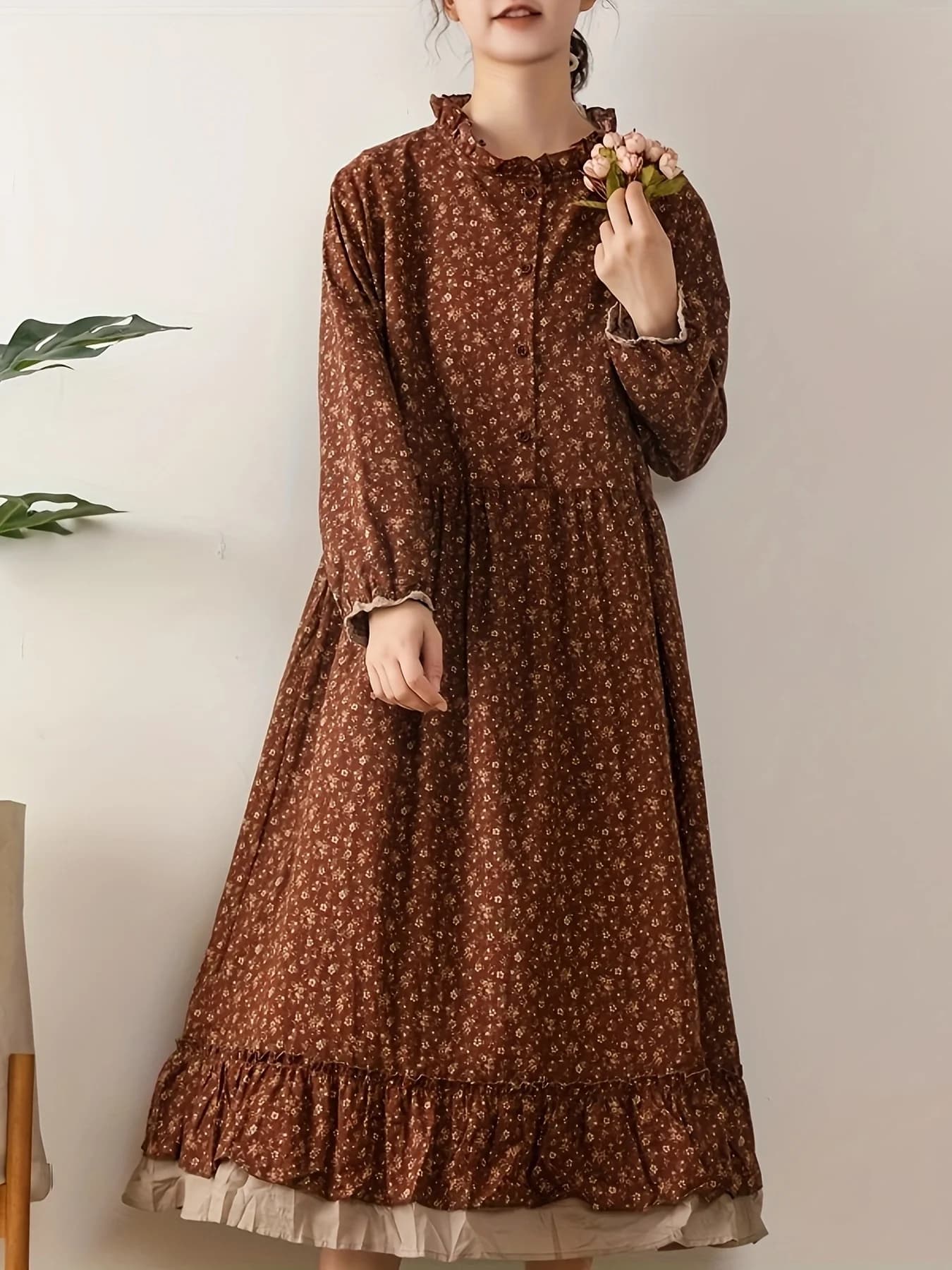 Abito Lungo in Cotone e Lino Stile Giapponese, Vestito Floreale Casual Oversize con Maniche Lunghe e Inserti in Pizzo per Primavera e Autunno