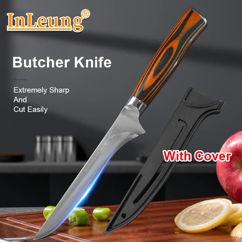 Damascus Kitchen Knife, Bone knife, Chef's knife, Meat mannaia, Fish filler with wood handle, Multipurpose kitchen tool, Cutting tool