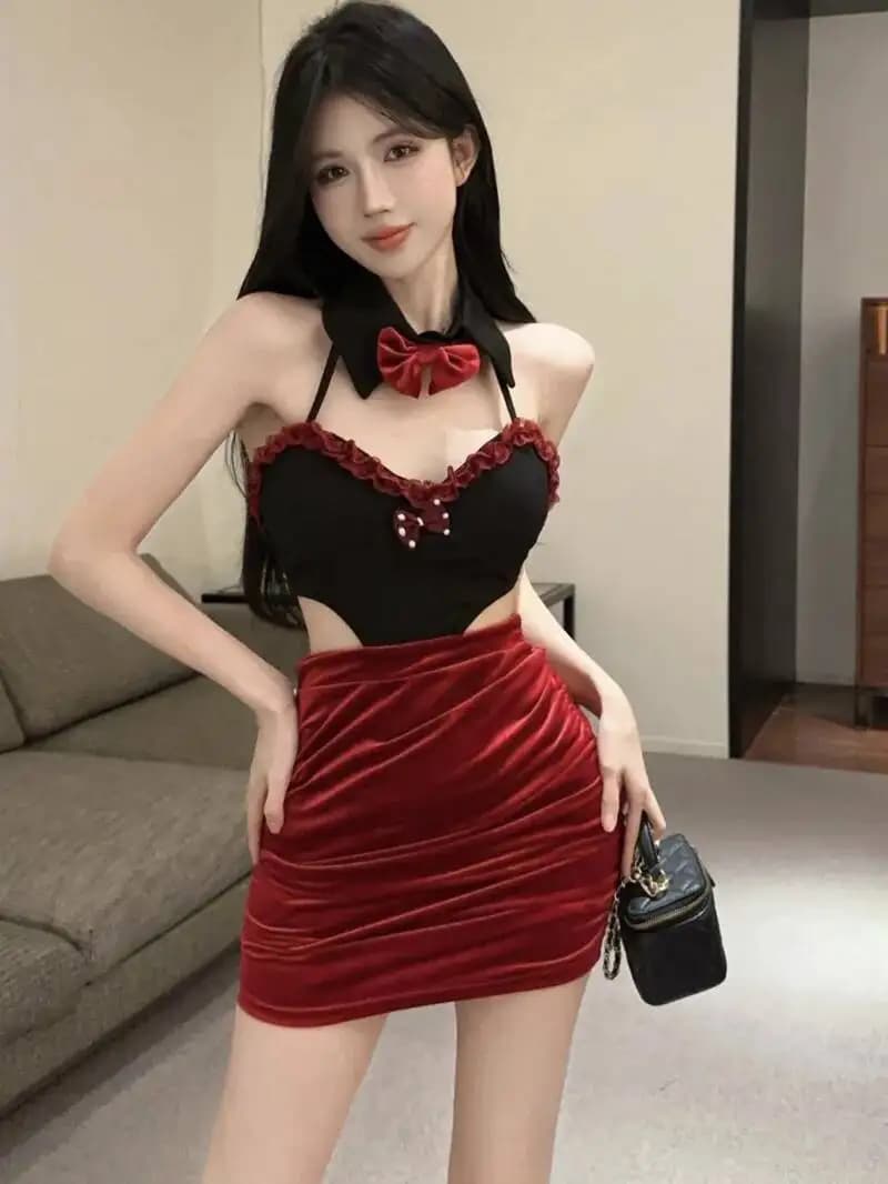Moda Estate Donna Mini Abito Top Design Senso Puro Desiderio Sexy Borsa piccante Glutei Mini abito Abito rosso vino Elegante 7R4M
