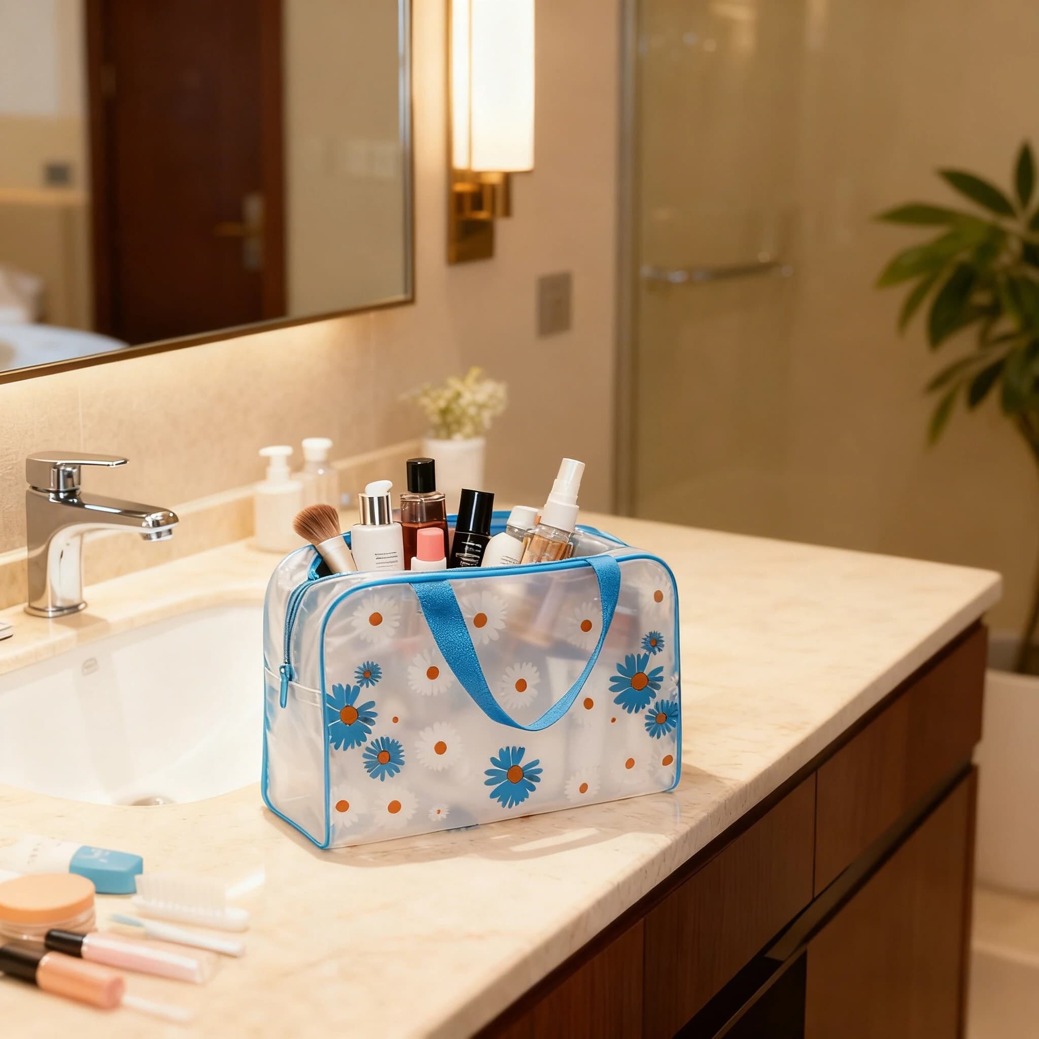 Bag with daisy print, portable beach bag, large capacity makeup bag, satin PVC bath bag, cosmetic bag, makeup bag